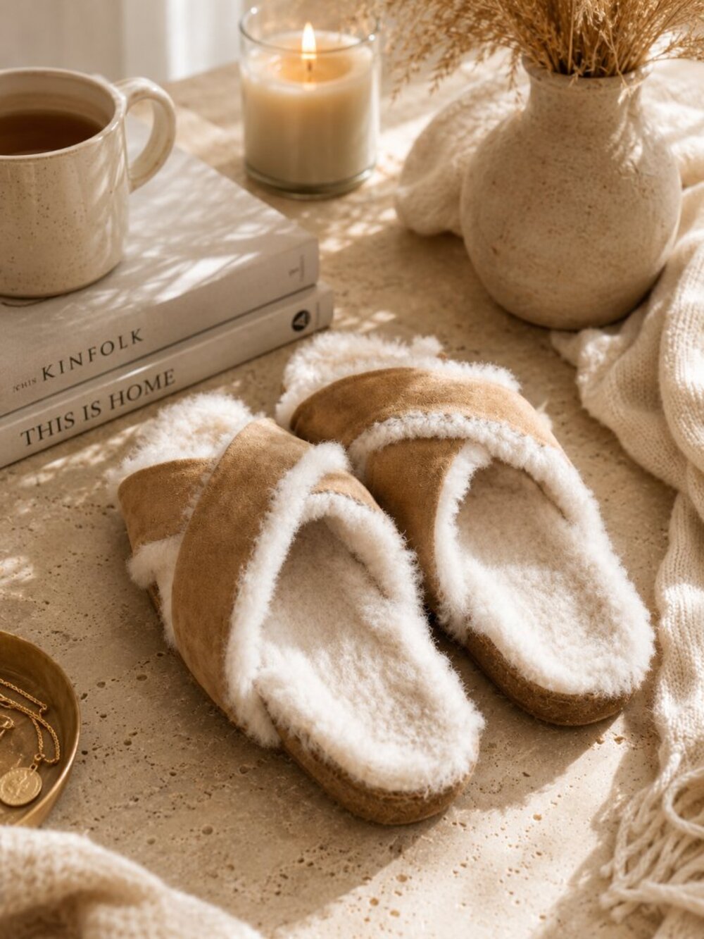 Jenni Kayne Tan and Cream Shearling Footbed Detail